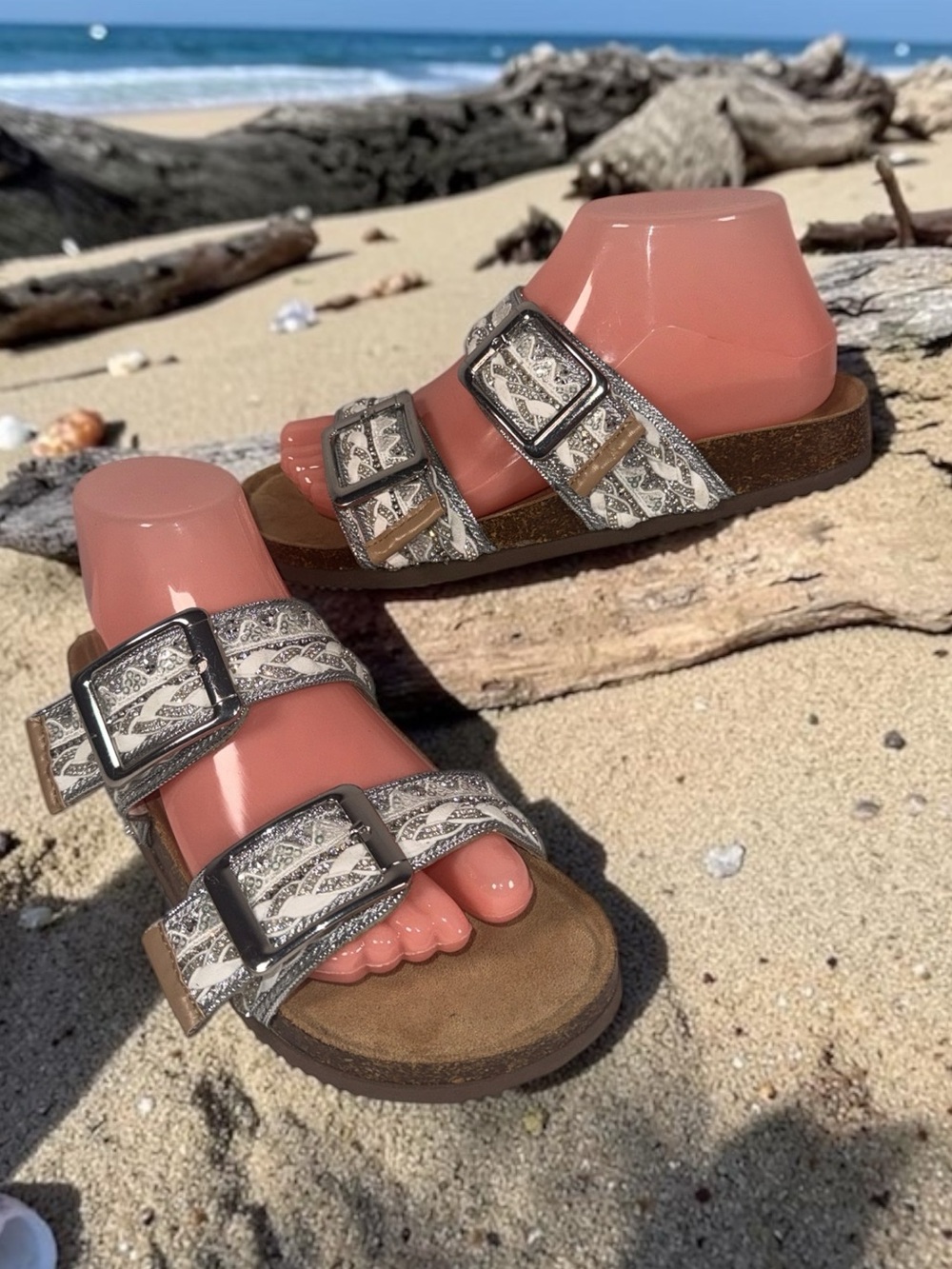 Madden Girl White Patterned Double-Buckle Slide Sandals